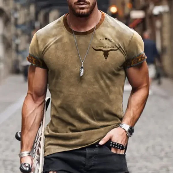 BrosWear Men'S Western Style Bull Head Splicing Short Sleeve T Shirt