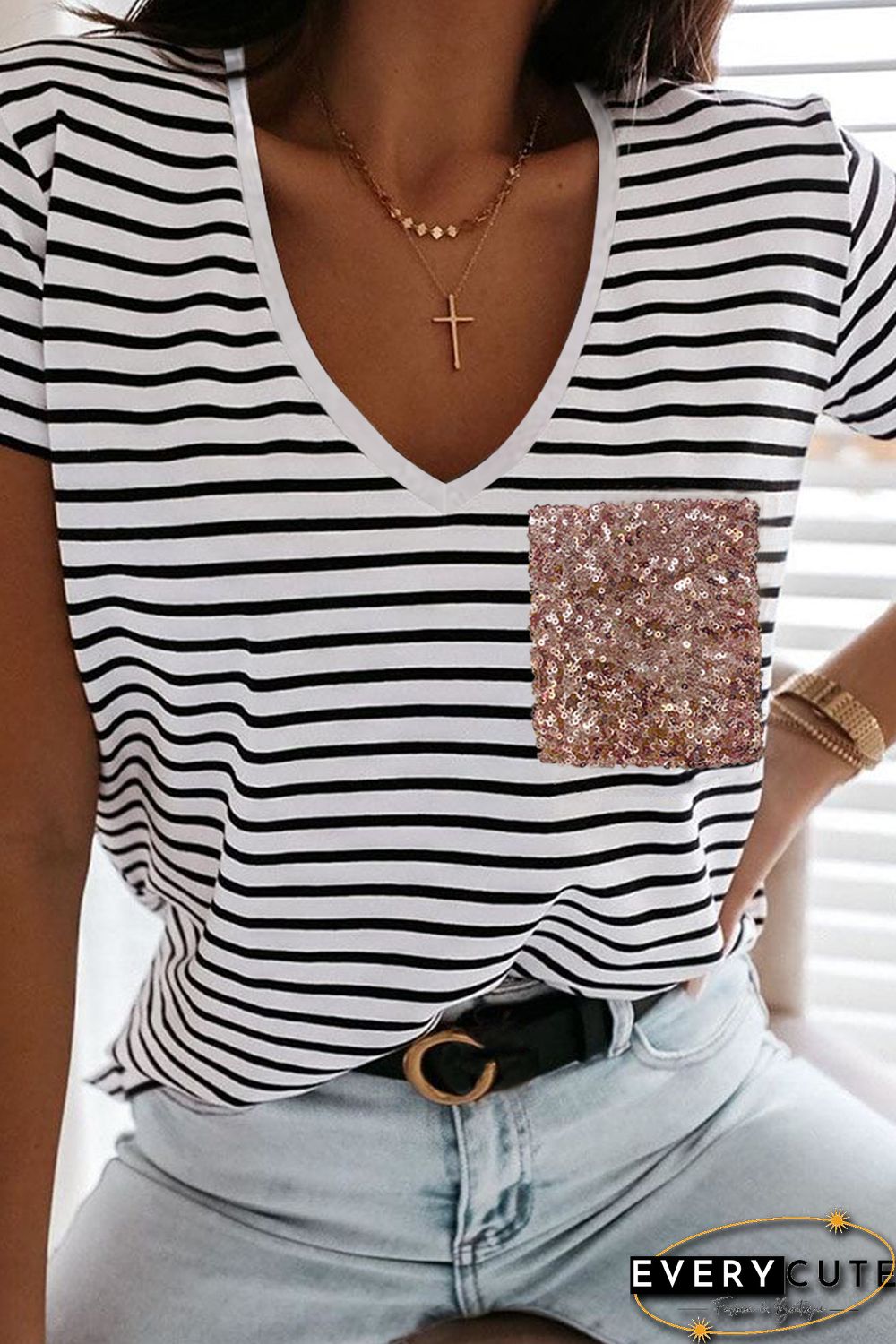 V Neck Striped T-shirt with Patch Pocket