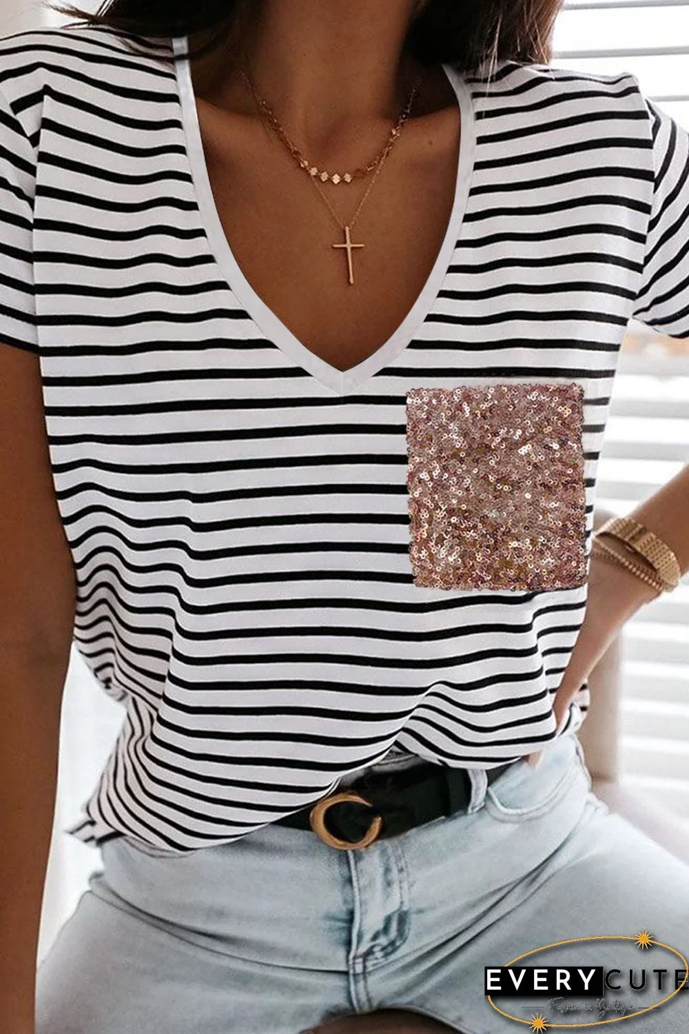 V Neck Striped T-shirt with Patch Pocket