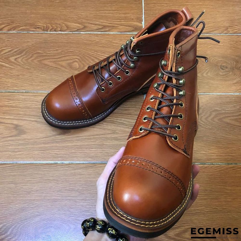 Genuine Genuine Leather Lace-Up Vintage High Quality Tooling White Ankle Boots Motorcycle Boots | EGEMISS