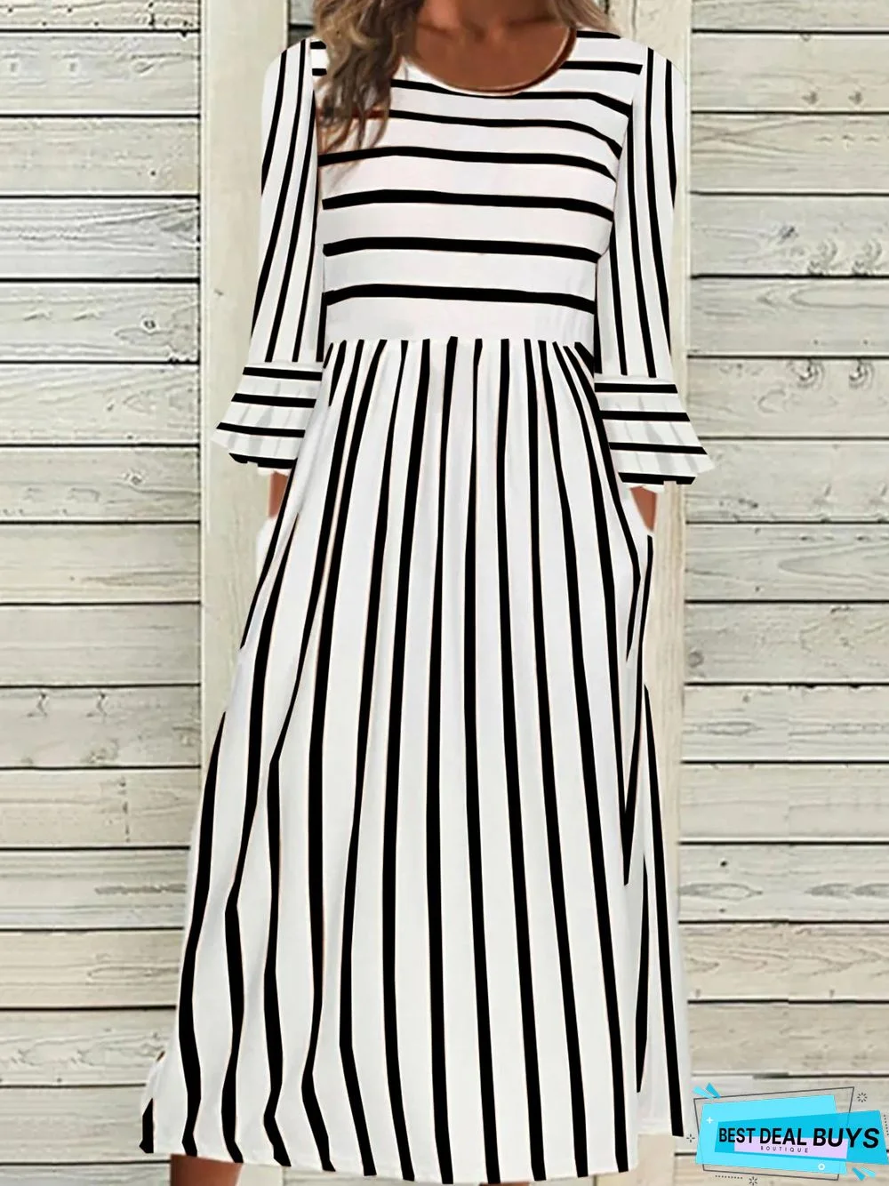 Striped Casual Autumn Lightweight No Elasticity Daily Standard Three Quarter Regular Size Dress for Women