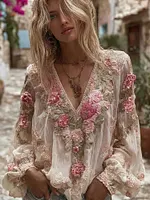 Women's Vintage Pink Flower Embroidery Art V Neck Long Sleeve Linen Blend T-shirt