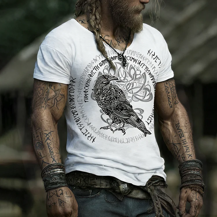 Men's Retro Viking Tree Of Life And Raven Rune Print V-neck T-shirt