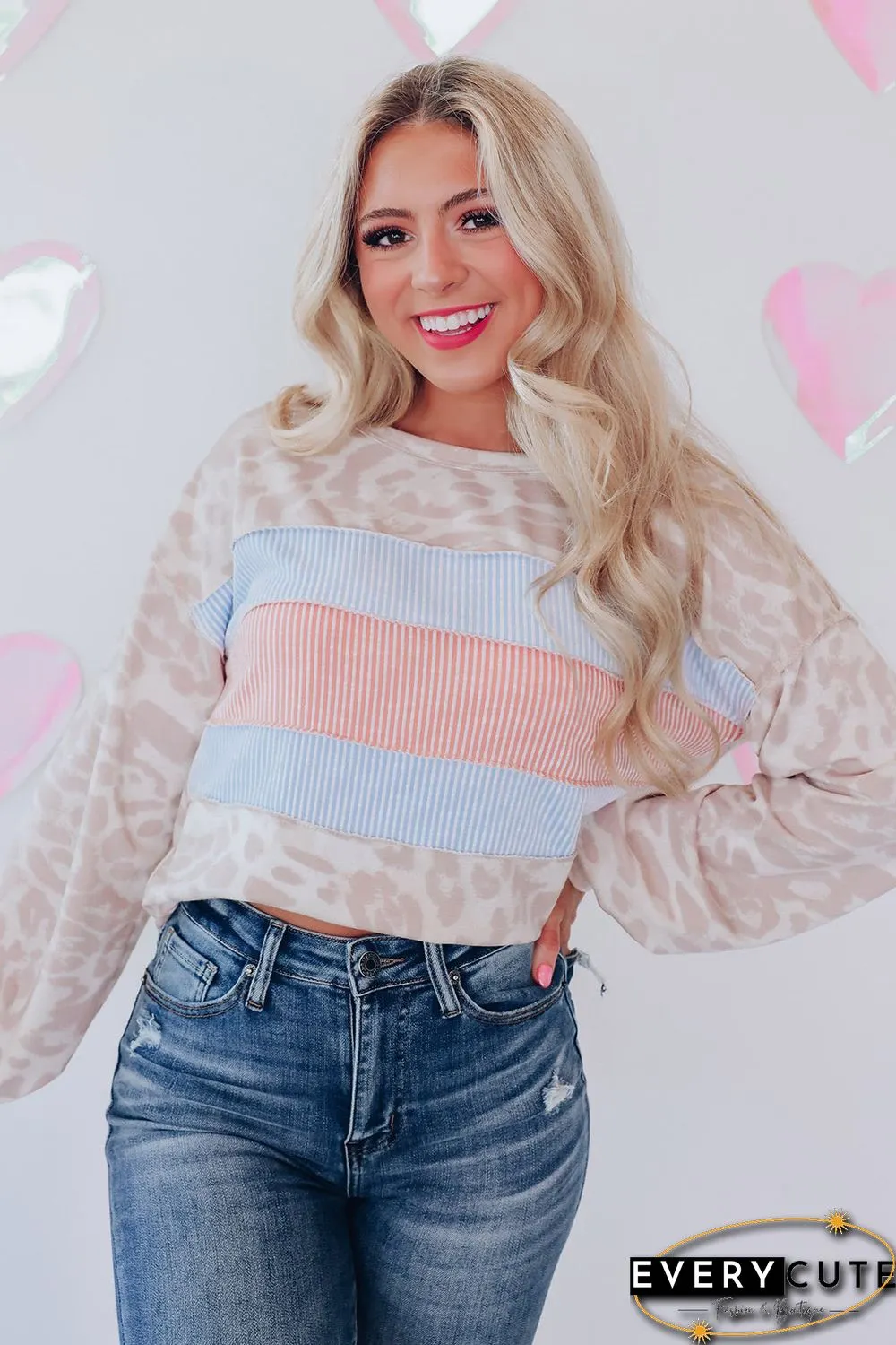 Leopard Animal Print Contrast Stripes Patchwork Puff Sleeve Knit Top
