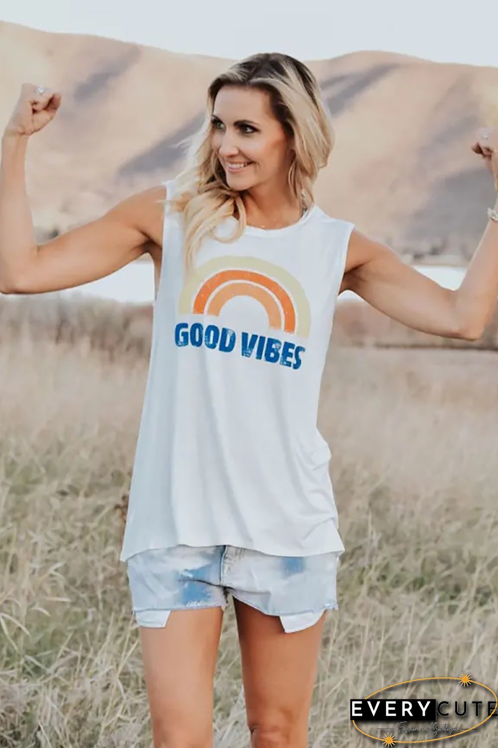 White Good Vibes O-Neck Rainbow Tank