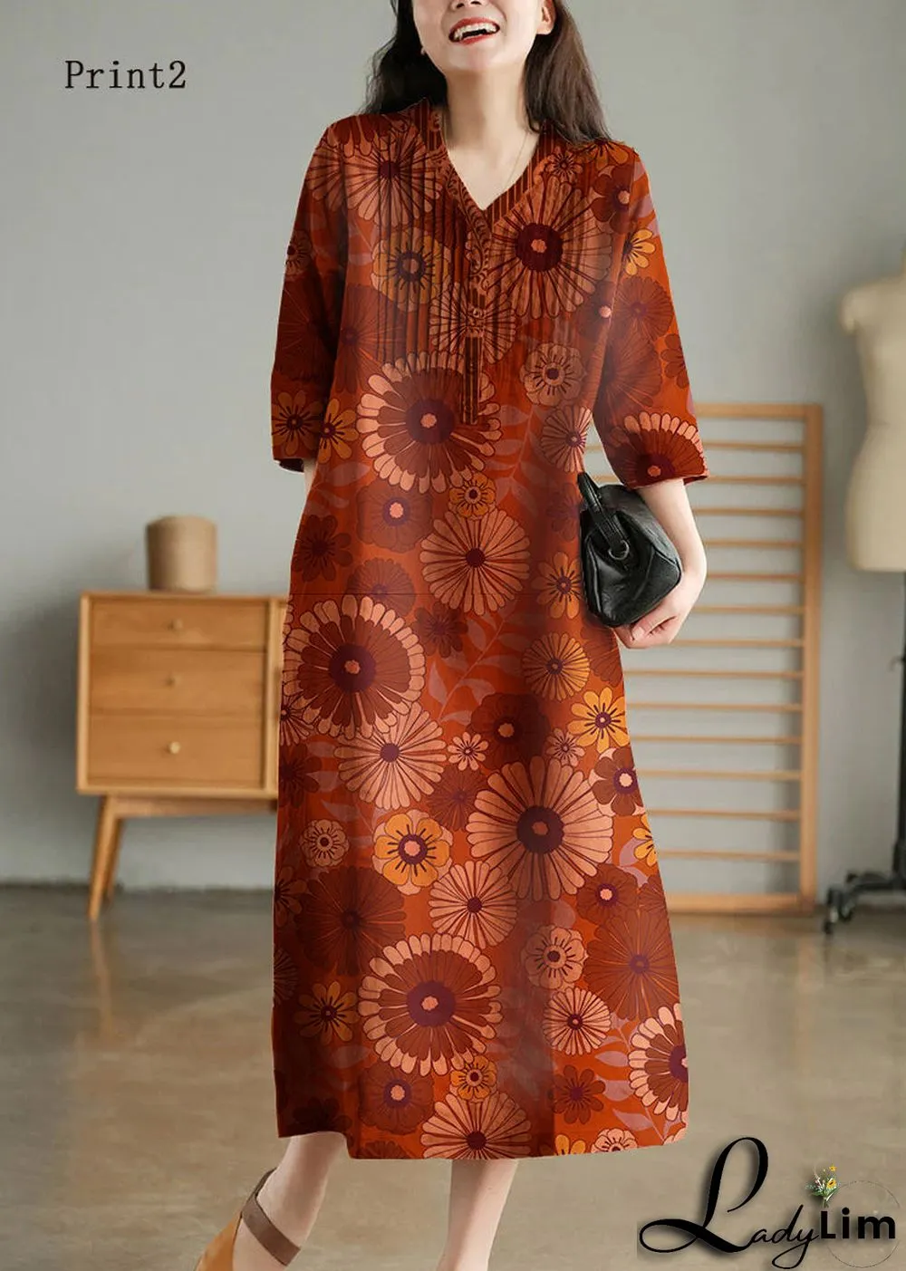 Grey Print6 Loose Linen Long Dresses Button Solid Half Sleeve