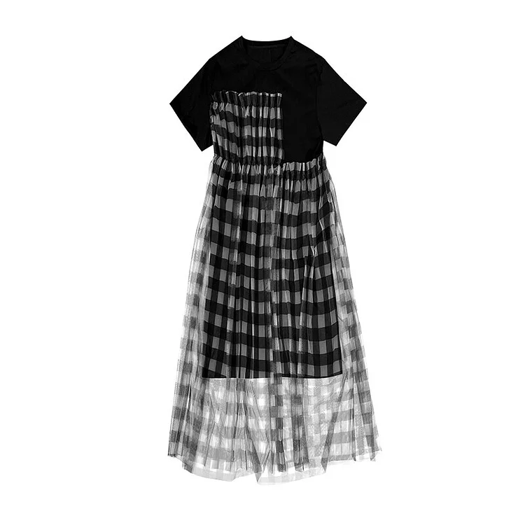 Fashion Loose O-neck Irregular Plaid Mesh Patchwork Short Sleeve Dress