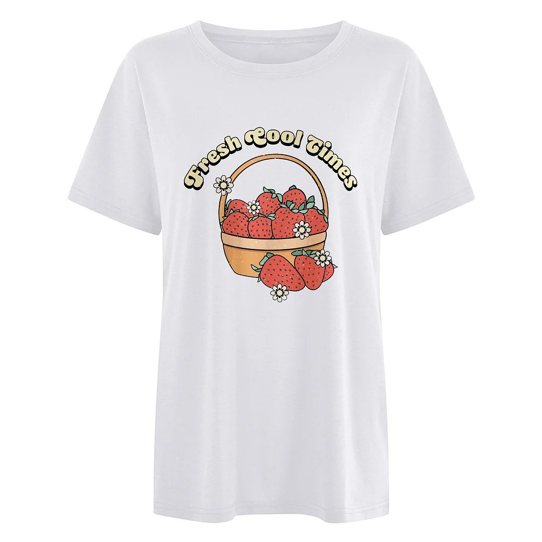 Girl Letter Strawberry Pattern Loose Short Sleeve T-shirt