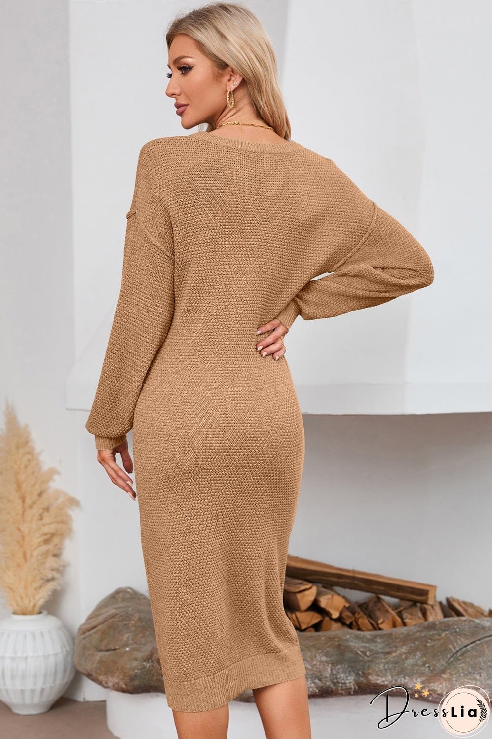 Half Button Long Sleeve Midi Sweater Dress