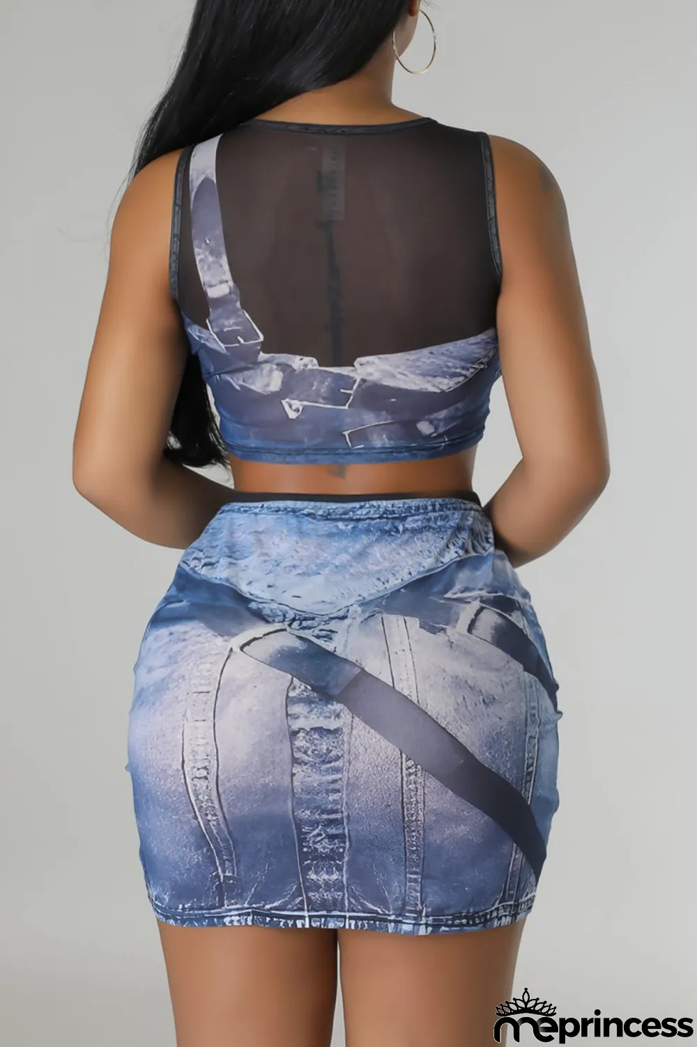 Blue Sexy Casual Print Patchwork O Neck Sleeveless Two Pieces