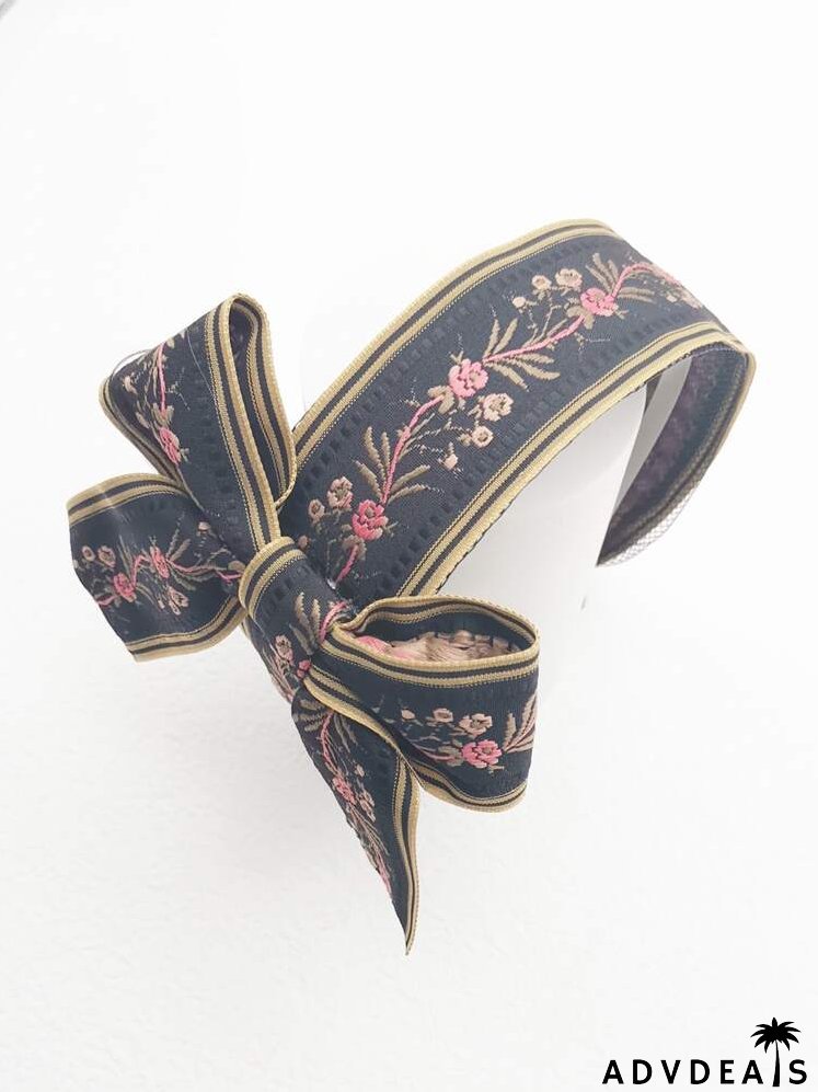 Flower Embroidered Bow Decor Headband