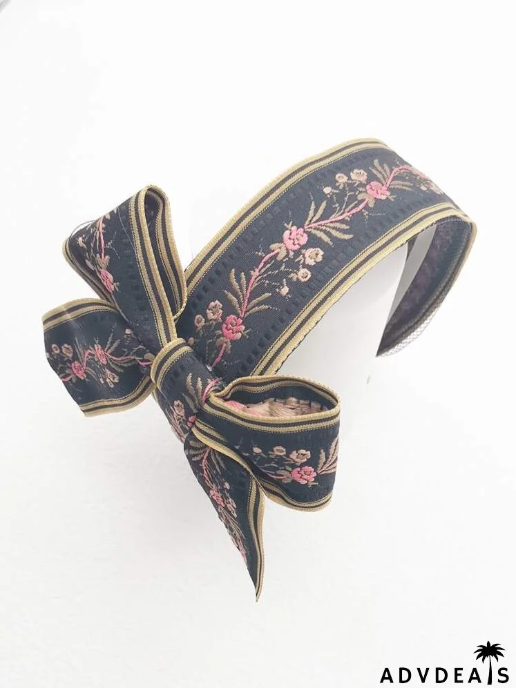 Flower Embroidered Bow Decor Headband