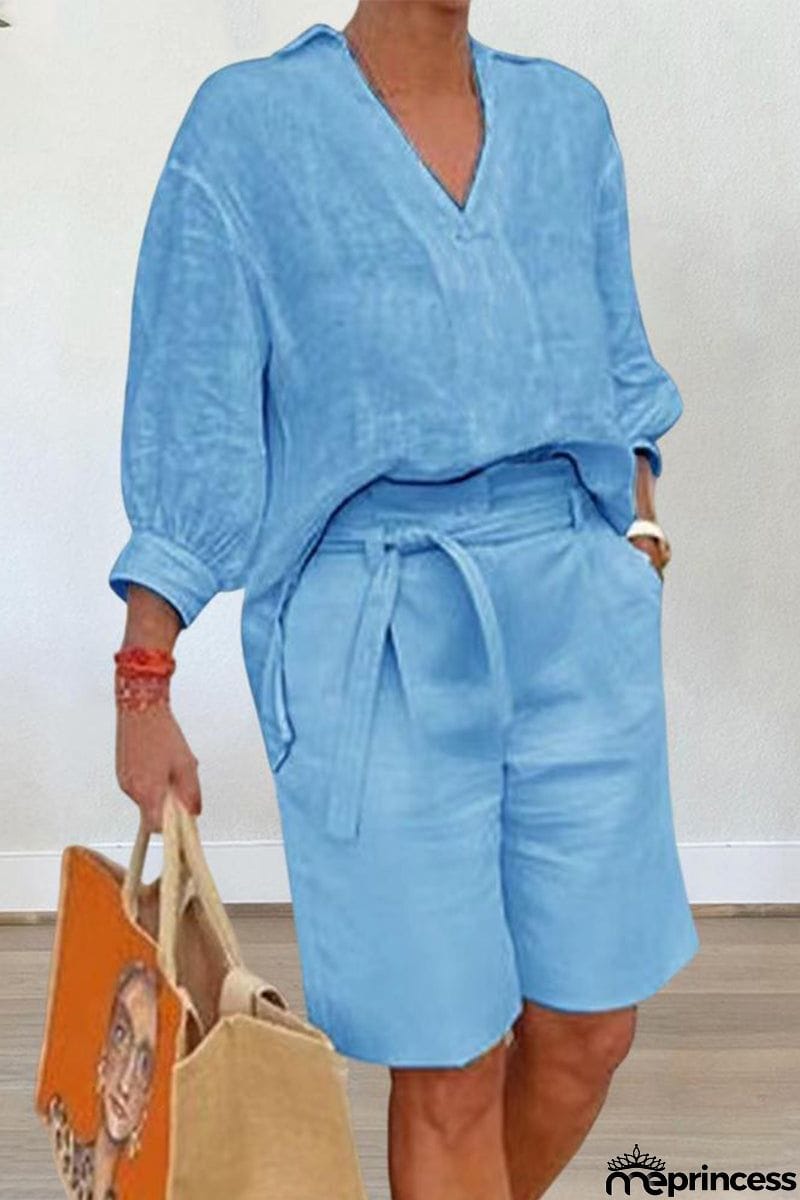 Casual Simplicity Solid Pocket V Neck Long Sleeve Two Pieces