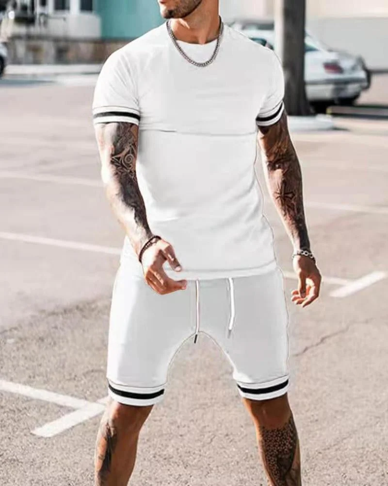 Black Crew Neck Striped Casual Short Suits