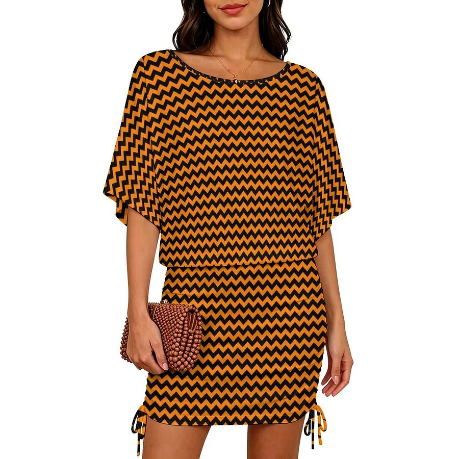 brown and black chevron dress SFneewho® White Orange Classic Halloween Zig Zag Zigzag Batwing Mini Women Hips Women's Long Sleeve Button-Down DEC25WK2 A women’s long dress Size:Medium