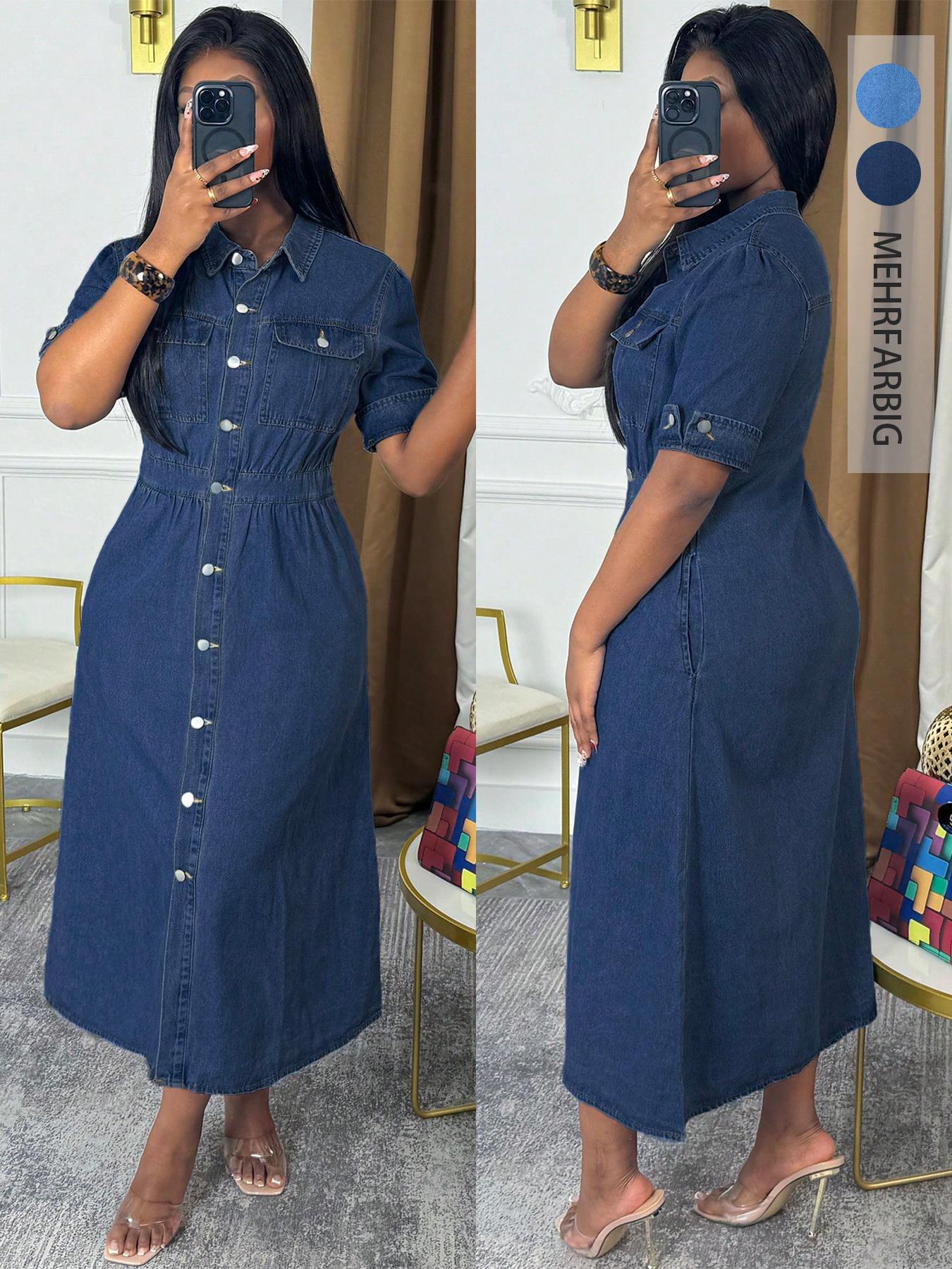 Chic Denim Shirt Dress, Button-Down Midi Dress with Chest Pockets and Cuffed Sleeves, Effortless Casual Jean Dress Chic Denim Shirt Dress, Button-Down Midi Dress with Chest Pockets and Cuffed Sleeves, Effortless Casual Jean Dress