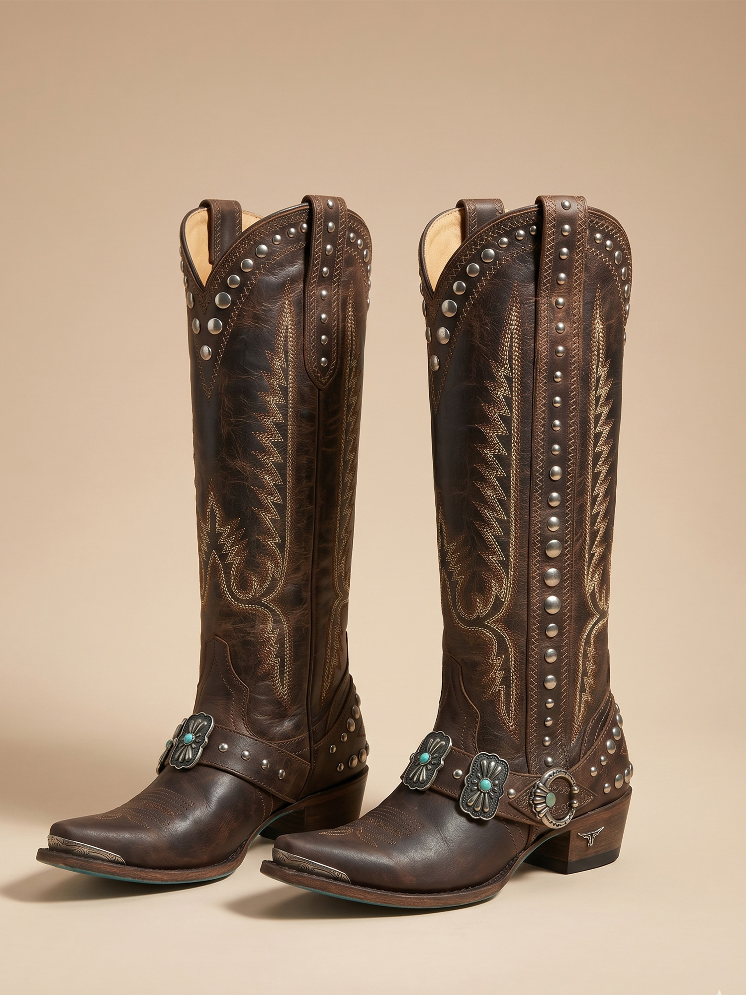 Western Cowboy &mdash; Vintage Metal Studded Western-Style Embroidered Knee-High Boots