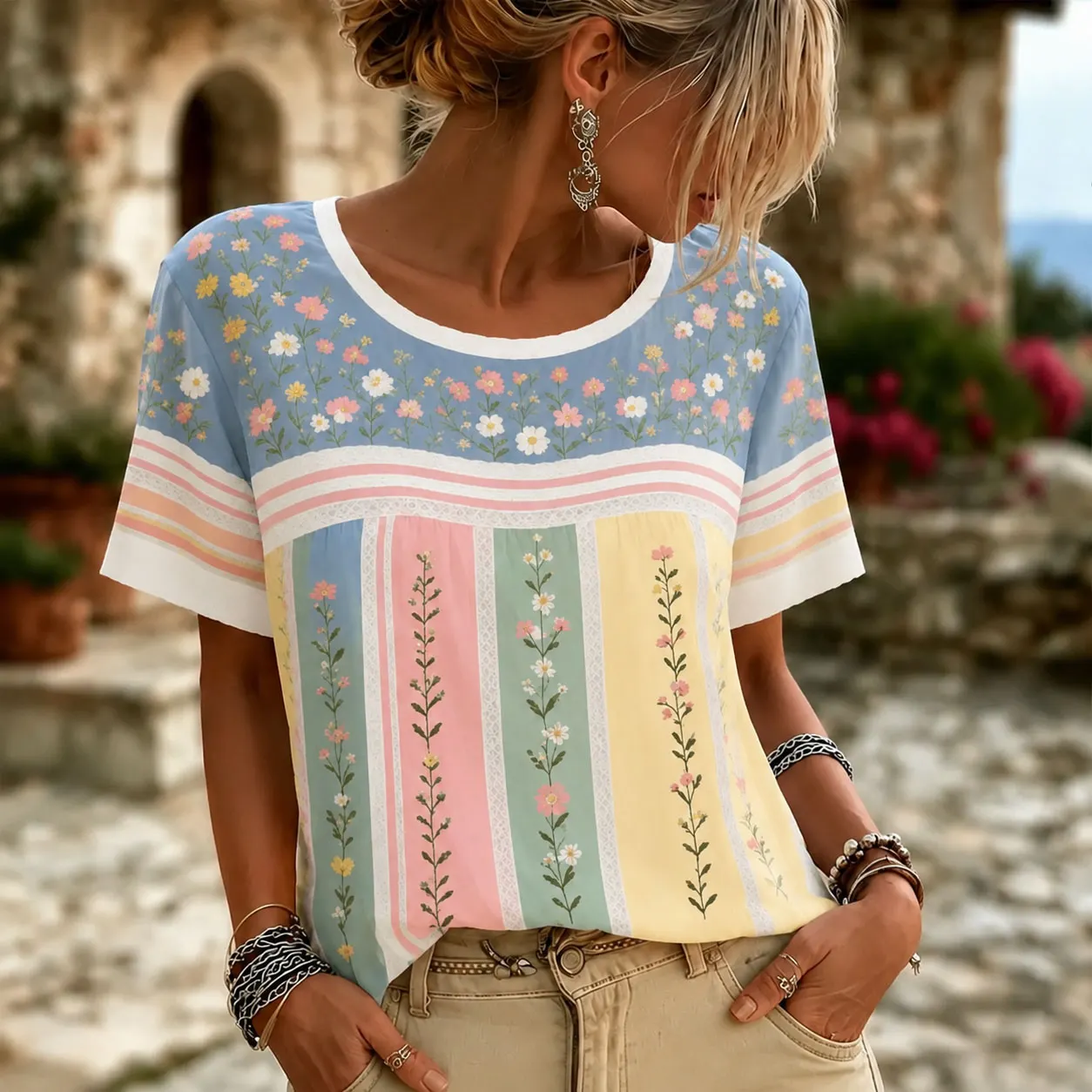 Comstylish Women's Small Floral And Lace Art Splicing Comfortable Cotton Linen Casual Round Neck Short Sleeve Top