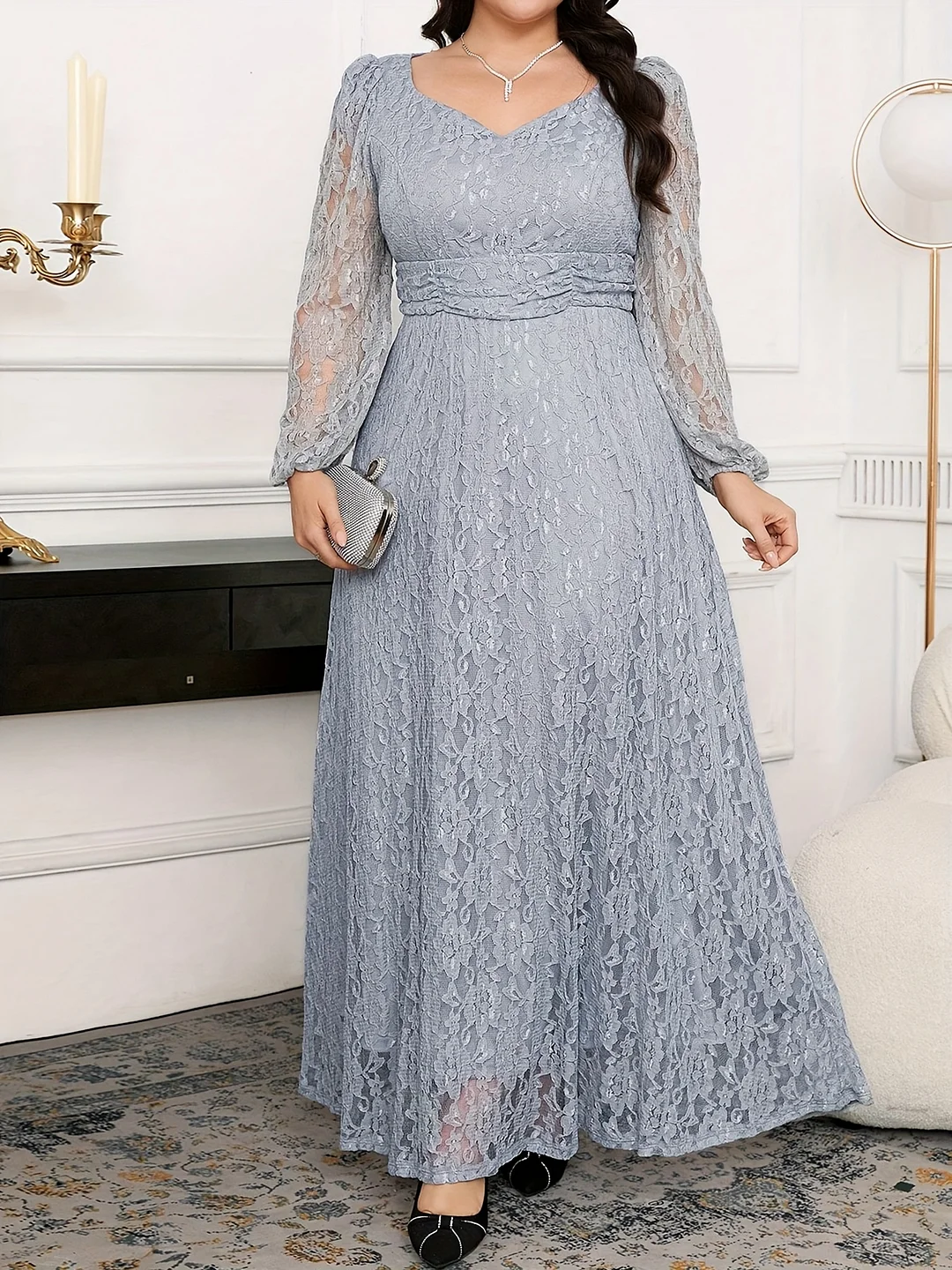 Plus Size, Plus Size Women's Elegant Gray Lace-Trimmed V-Neck Lantern Sleeve A-Line Dress - Flattering Fitted Top & Flowy Maxi Skirt, Machine Washable For Weddings, Parties, Formal Events Yz274, Wedding Guest Attire, Decorative Sequin | IFYHOME