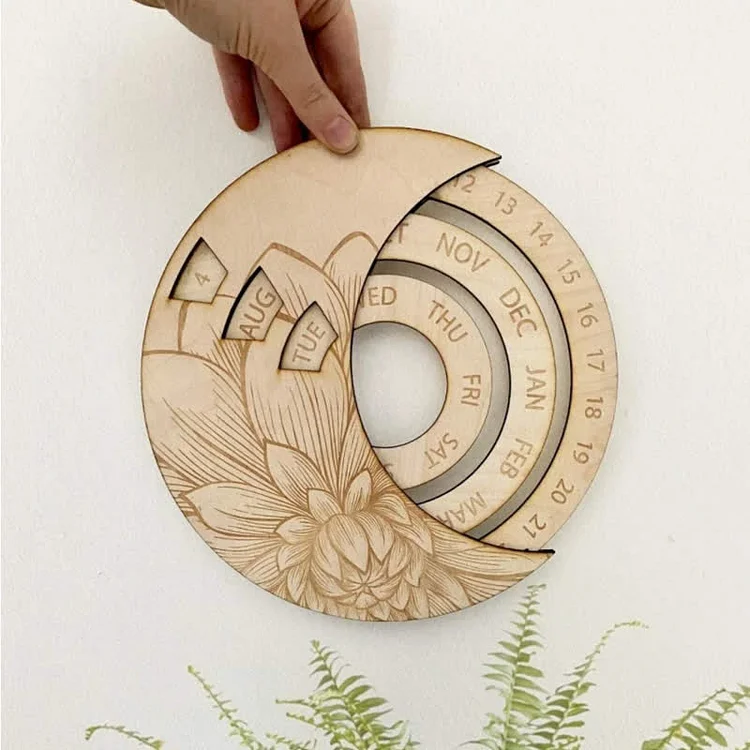 White Circle Wooden Crescent Moon Perpetual Calendar Wall Decor