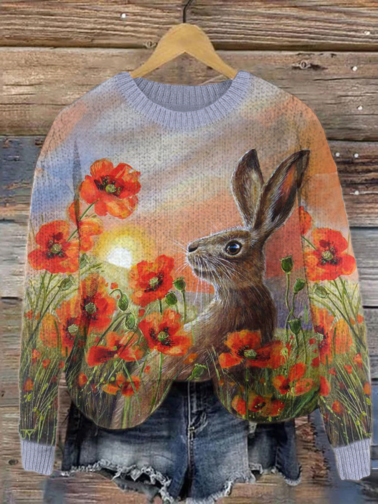 Bunny & Poppy Flower Print Cozy Knit Sweater