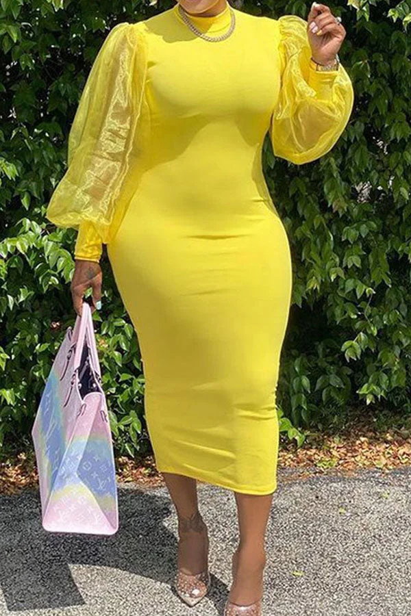 Solid Color Pretty Puff Sleeve Midi Dress