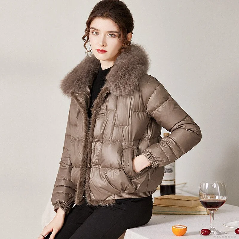 FTLZZ Winter Vintage Button Real Fox Fur Collar Down Jacket Women 90% Duck Down Jacket Female Snow Thick Warm Irregular Outwear
