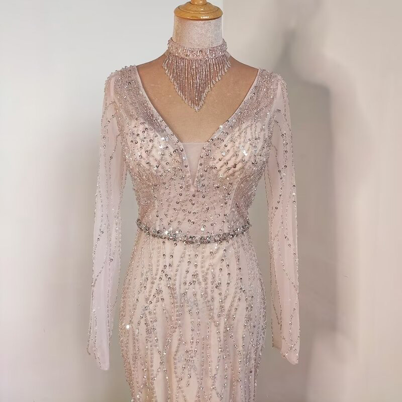 Lisliy Long Sleeves Beaded Embroidery Mermaid Long Prom Dress