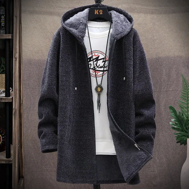 2022 Men Casual Sweaters Jacket Slim Long Thick Warm Hooded Sweater Coat