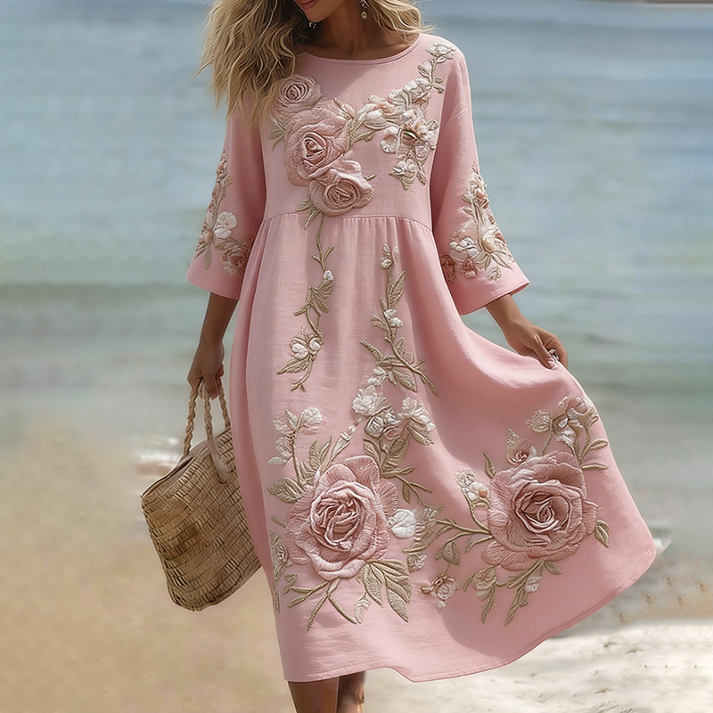 Women's Floral Art Print Pattern Linen Blend Loose Three-quarter Sleeve Dress wearshes