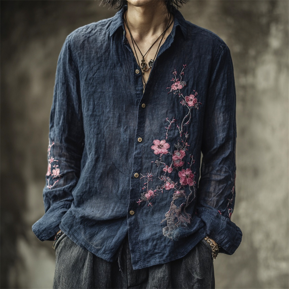 Vintage Japanese Sakura Embroidery Men's Linen Long Sleeve Shirt  artssus