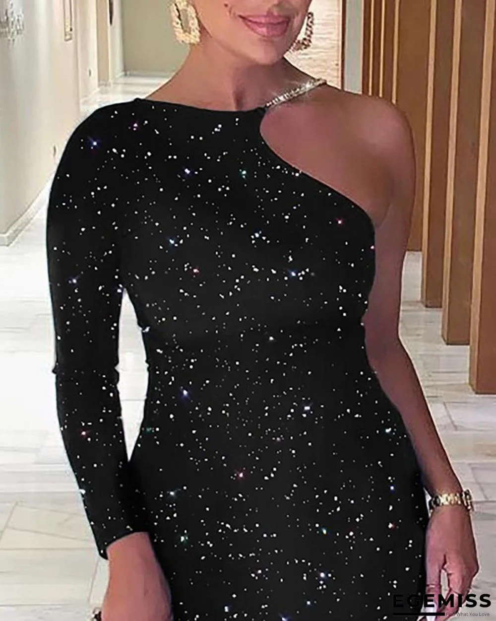 Glittering One Shoulder Midi Dress | EGEMISS