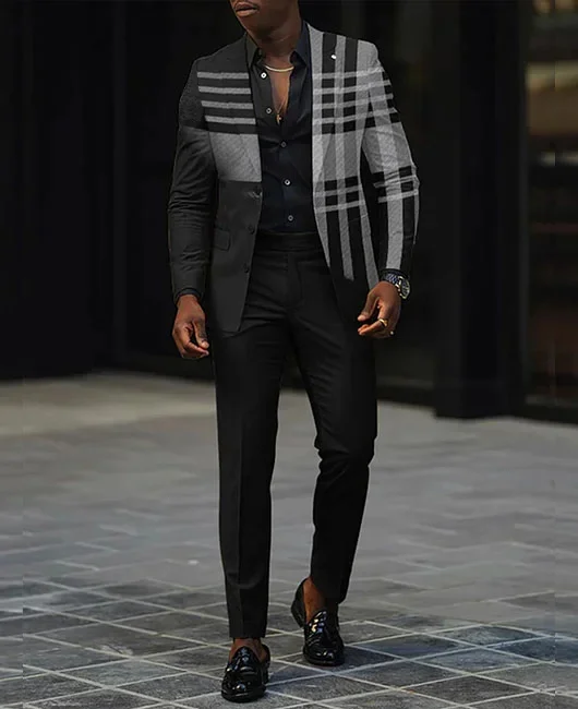 Fashion Colorblock Plaid Lapel Collar Button Blazer & Pants 2Pcs Set Okaywear