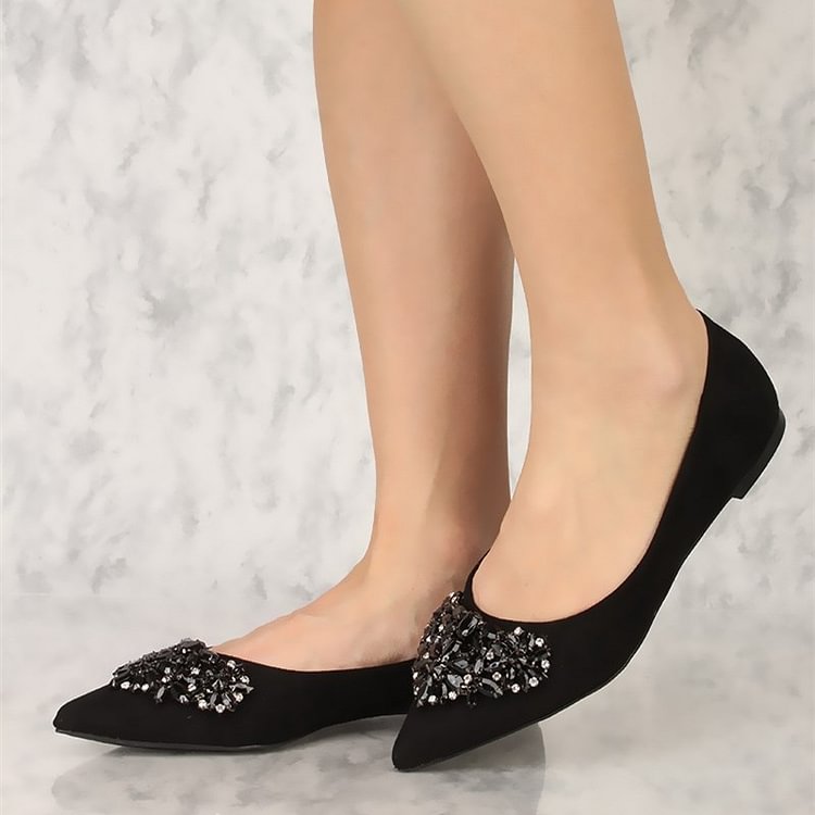 Women's Black Pointy Toe Comfortable Flats with Rhinestone |FSJ Shoes