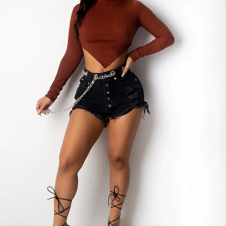 Women Denim Shorts Black Worn Jeans Women Chain Belt