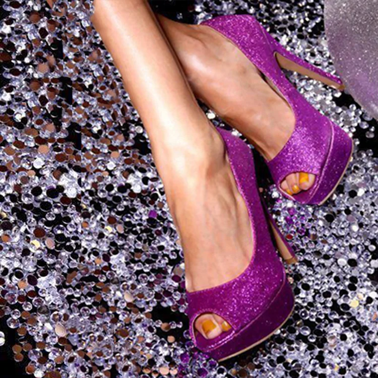 Purple Glitter Peep Toe Platform Heels Stiletto Shoes Vdcoo
