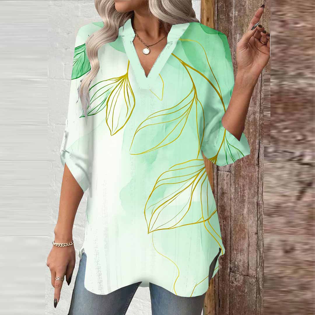 Women Floral,Green DZGA0034 3/4 Sleeve V-neck Printed Graphic Button Tops