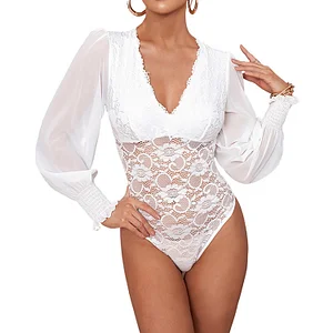 Elegant And Comfortable Bubble Long Sleeve Lace Deep V-neck Bodysuit Lc32872