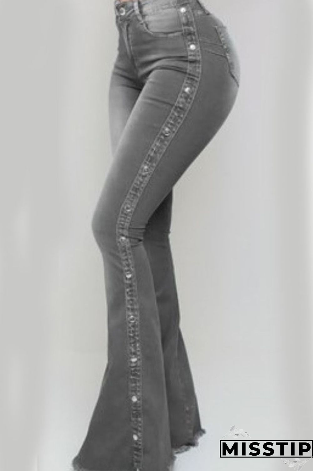 Light Blue Fashion Street Solid Rivets Patchwork Water Wash High-waisted Boot Cut Denim Jeans