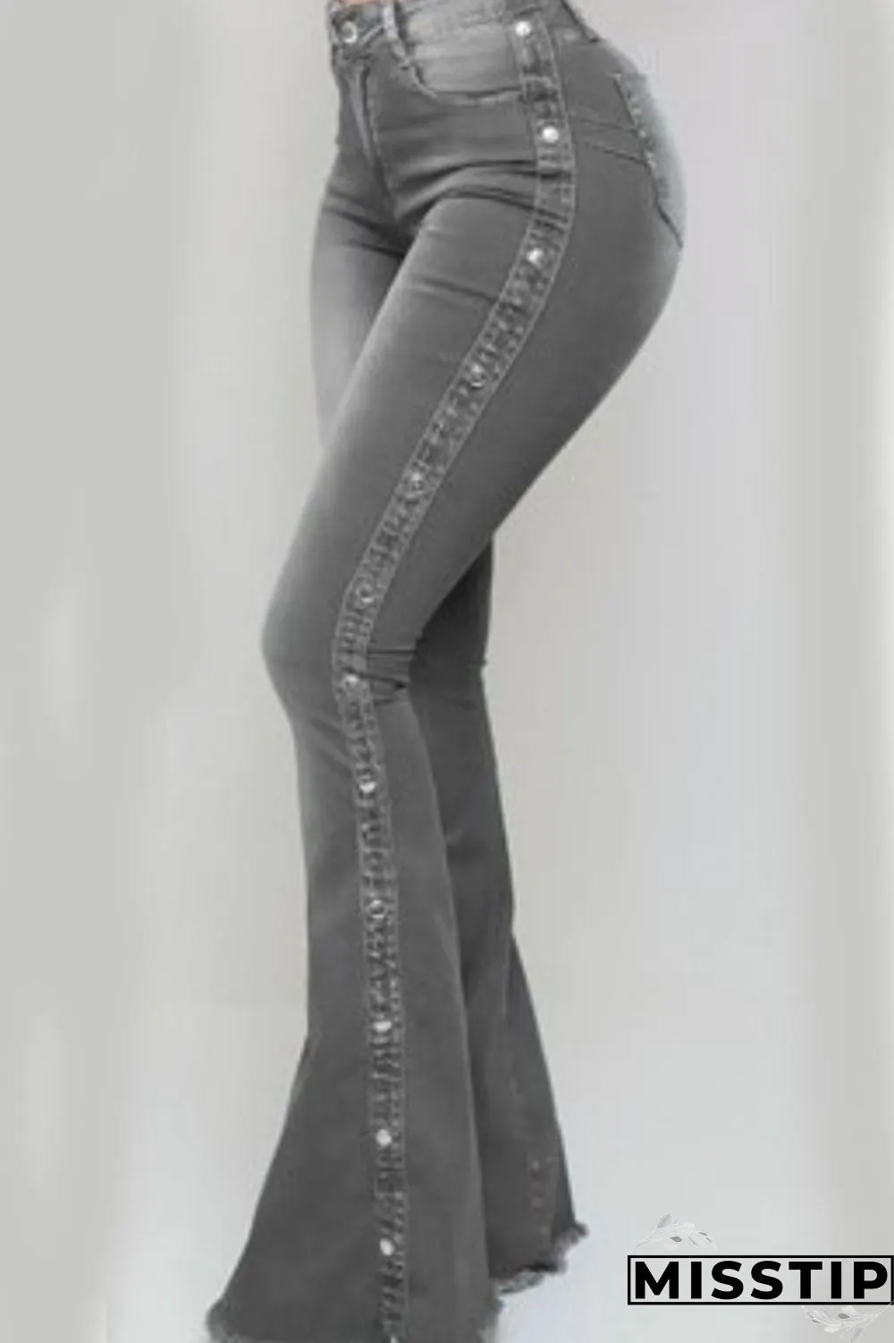 Light Blue Fashion Street Solid Rivets Patchwork Water Wash High-waisted Boot Cut Denim Jeans