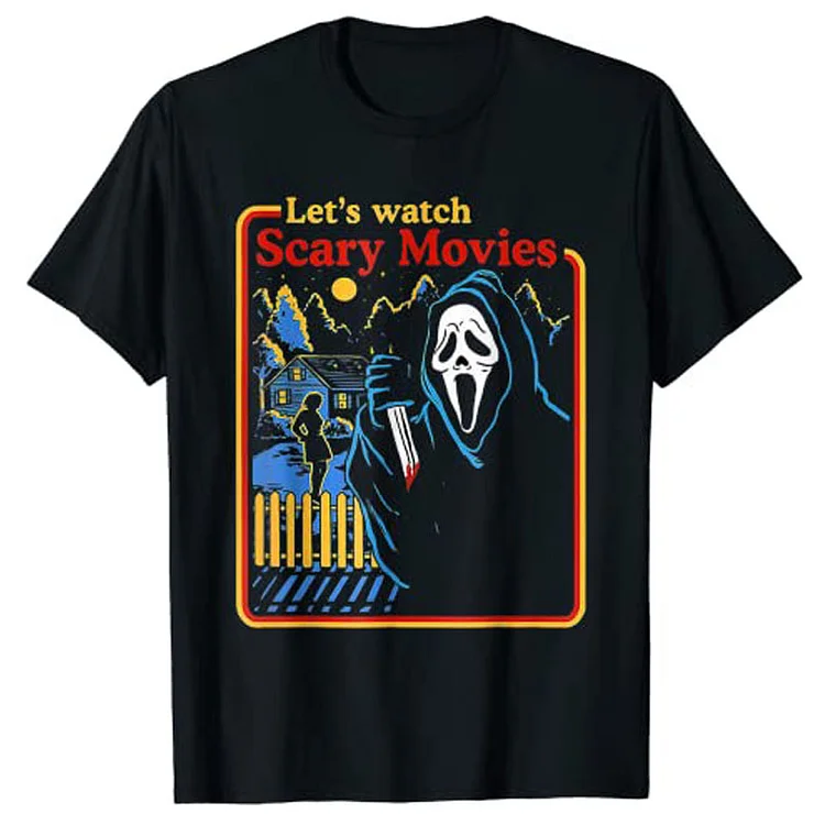 Lets Watch Scary Movies Scream Horror Pattern Men Gothic Novelty Graphic T-shirts at Hiphopee