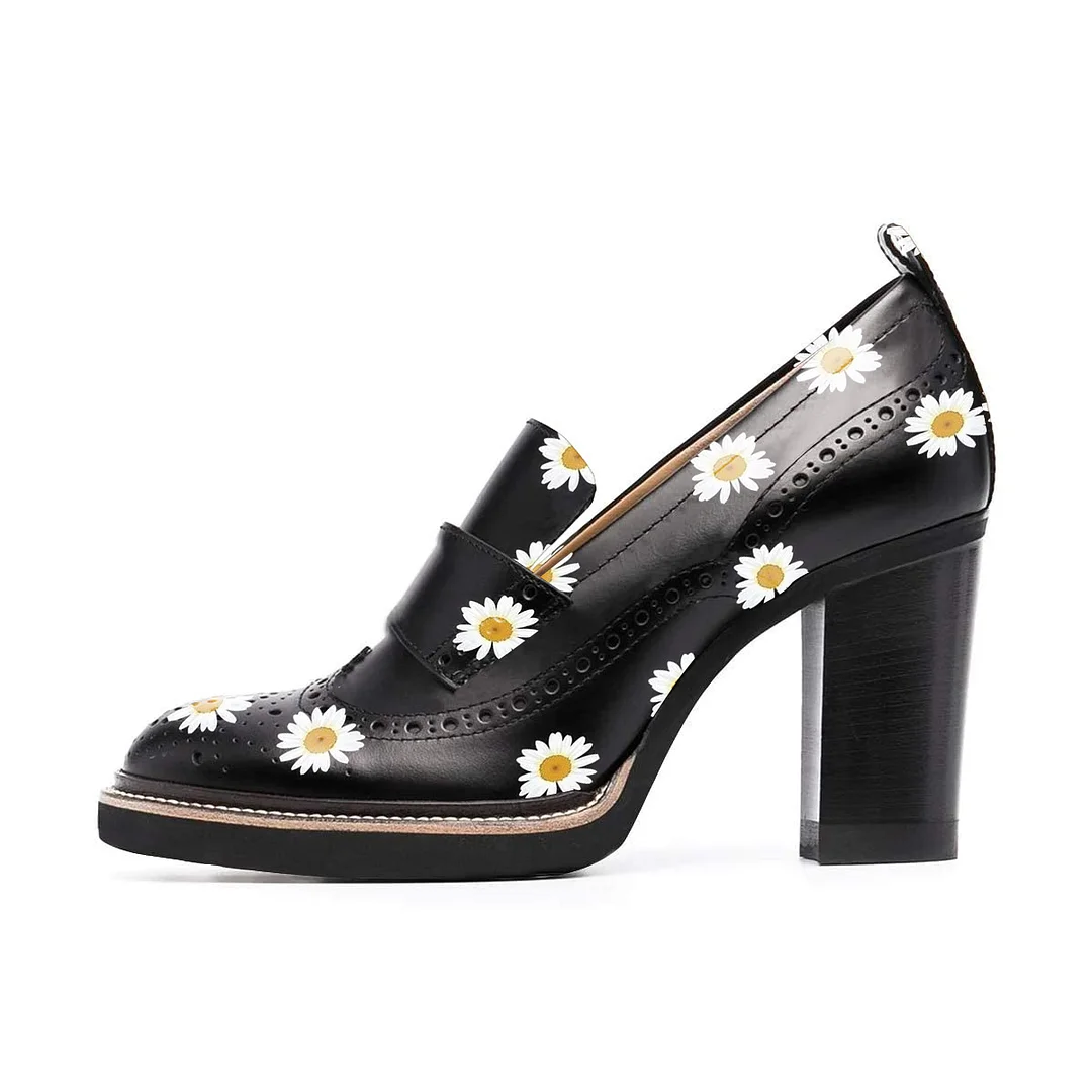 Black Round Toe Daisy Print Loafer Heels with Perforated Patterns