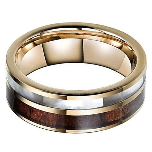 6MM 8MM Women's Or Men's Wedding Tungsten Carbide Wedding Matching Rings Yellow Gold with White Shell and Wood Inlay Comfort Fit Pipe Cut