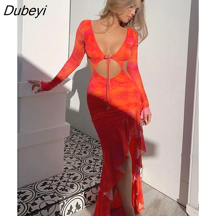 Dubeyi Ruffle Slit Cut Out Sexy Backless Maxi Dress Women Party Club Vestido Elegant Outfits Long Sleeve Dresses Clothes