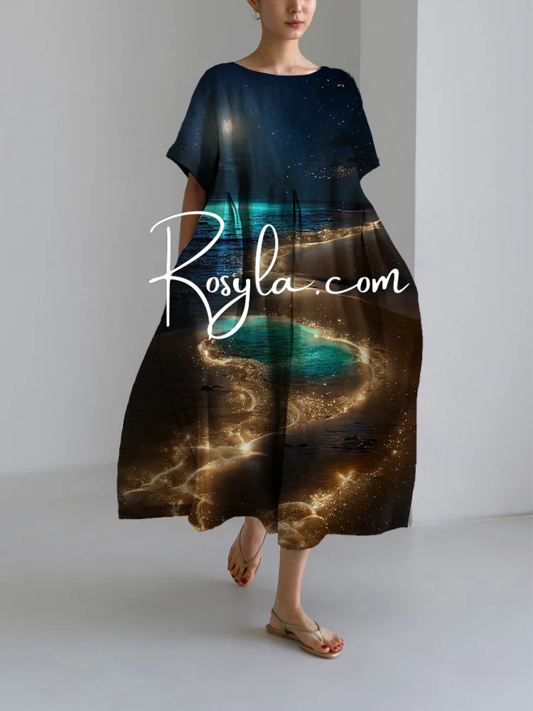 Women's Casual Seaside Night Print Loose Round Neck Medium Length Skirt Dress