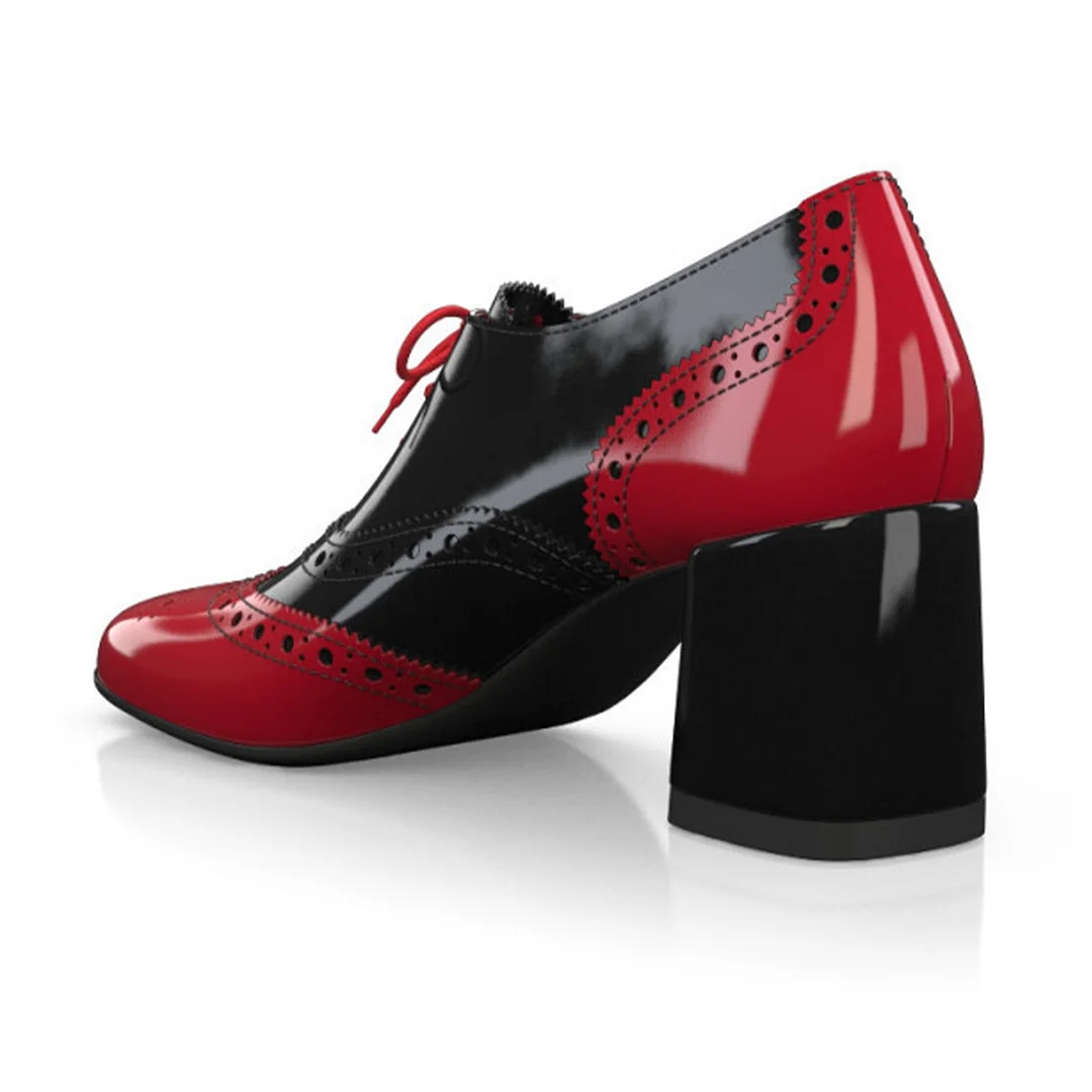 Red and Black Round Toe Lace-Up Oxford Heels with Perforated Patterns