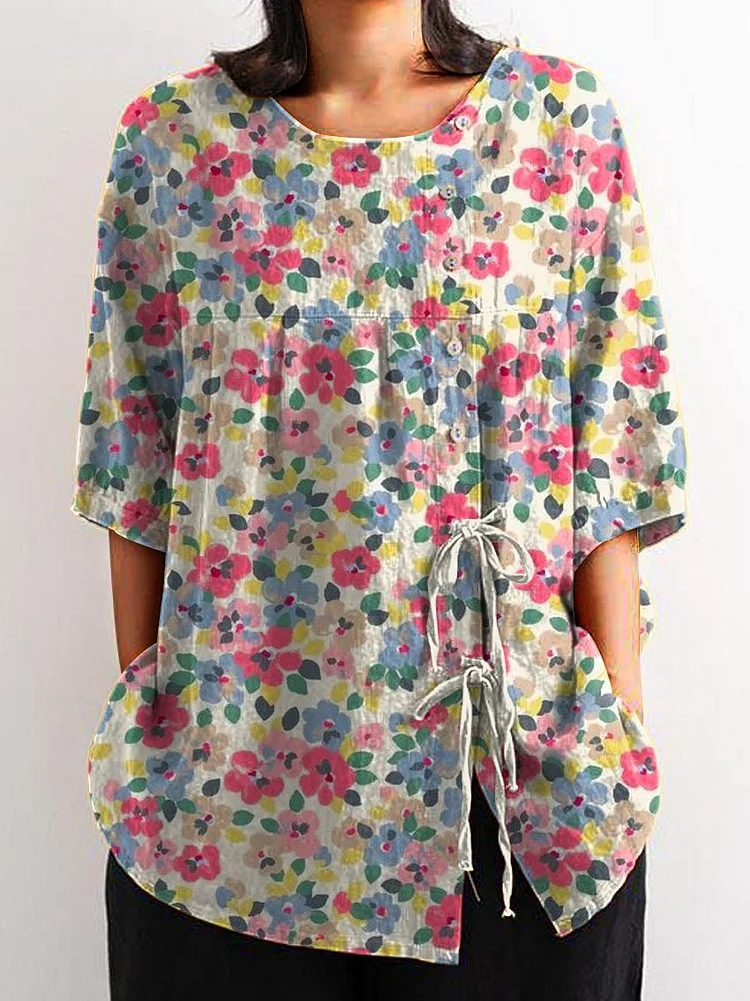Women's Vintage Floral Art Print Casual Cotton And Linen Shirt