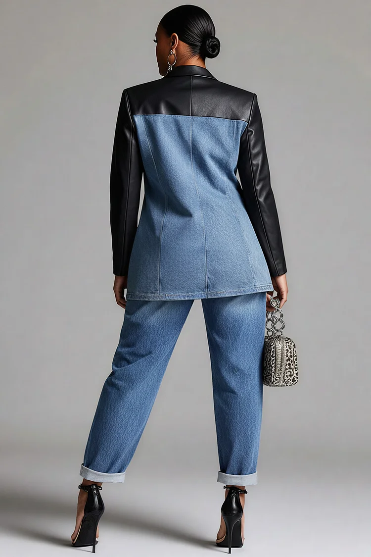 Xpluswear Design Plus Size Business Casual Blue Lapel Collar Long Sleeve Contrast Casual Cargo Denim PU Leather Two Piece Pant Suits [Pre-Order]