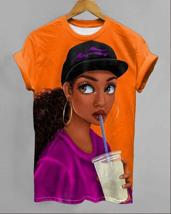 Cartoon Cap Black Girl Printed Short-sleeved T-shirt