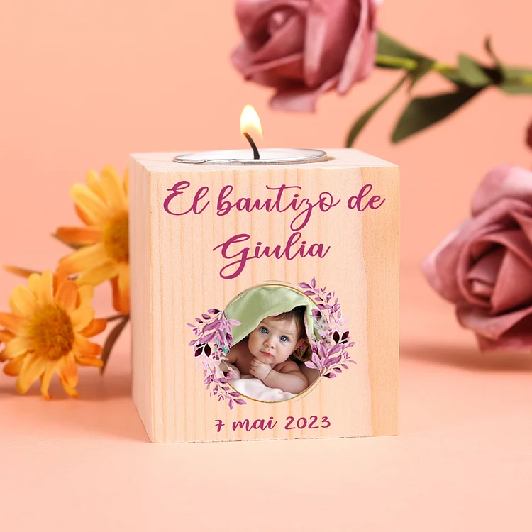 Bautizo Candelero de Madera Flor Nombre Personalizado con Texto y Foto sin Vela